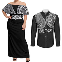 Samoa Traditional Tattoo Couples Matching Off Shoulder Maxi Dress and Long Sleeve Button Shirt Tribal Tatau Pattern LT03 Black - Polynesian Pride