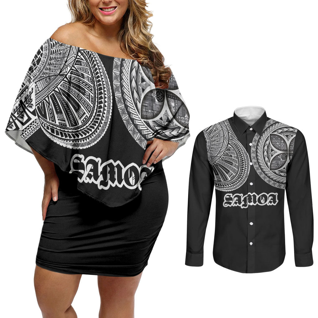 Samoa Traditional Tattoo Couples Matching Off Shoulder Short Dress and Long Sleeve Button Shirt Tribal Tatau Pattern LT03 Black - Polynesian Pride