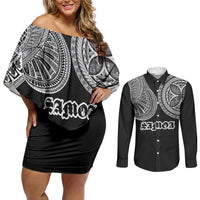 Samoa Traditional Tattoo Couples Matching Off Shoulder Short Dress and Long Sleeve Button Shirt Tribal Tatau Pattern LT03 Black - Polynesian Pride