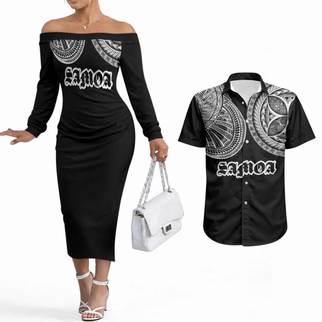 Samoa Traditional Tattoo Couples Matching Off The Shoulder Long Sleeve Dress and Hawaiian Shirt Tribal Tatau Pattern LT03 Black - Polynesian Pride