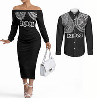 Samoa Traditional Tattoo Couples Matching Off The Shoulder Long Sleeve Dress and Long Sleeve Button Shirt Tribal Tatau Pattern LT03 Black - Polynesian Pride