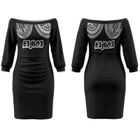 Samoa Traditional Tattoo Couples Matching Off The Shoulder Long Sleeve Dress and Long Sleeve Button Shirt Tribal Tatau Pattern LT03 - Polynesian Pride