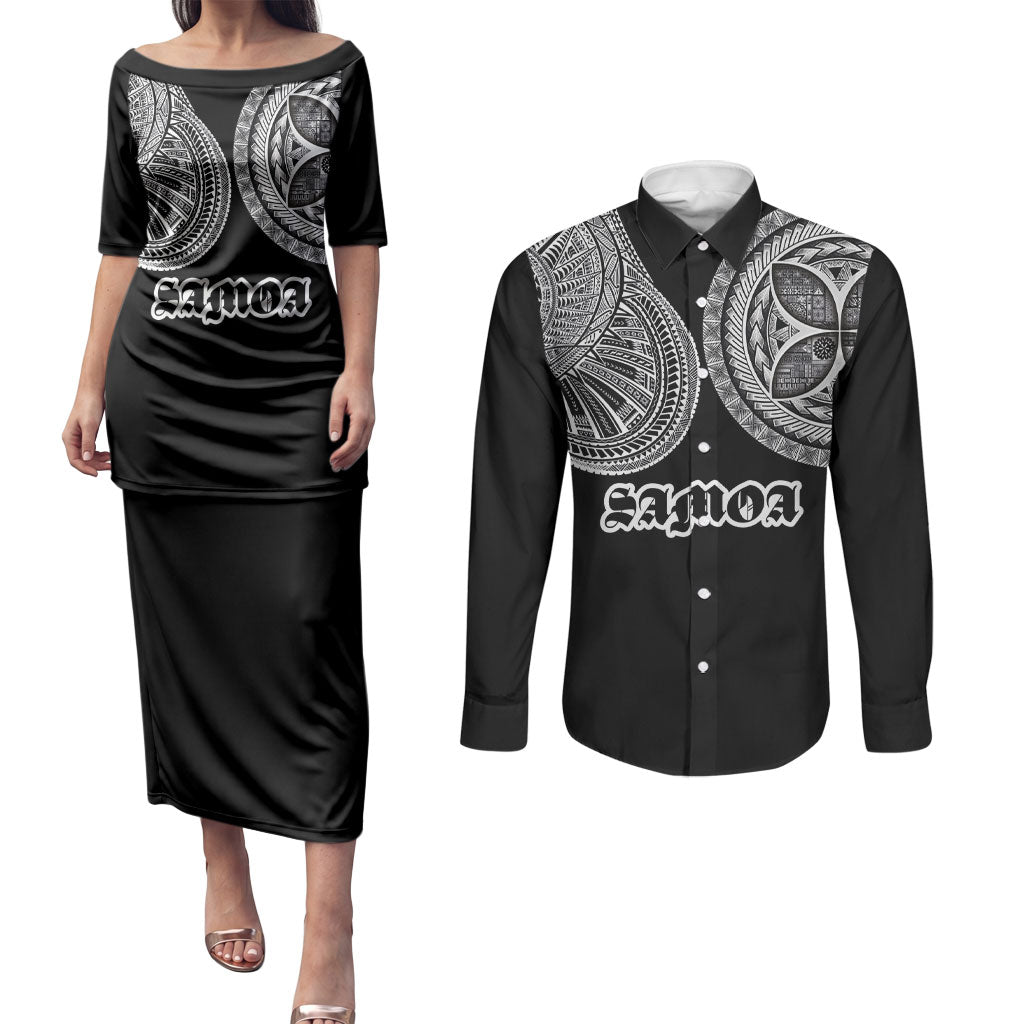 Samoa Traditional Tattoo Couples Matching Puletasi and Long Sleeve Button Shirt Tribal Tatau Pattern LT03 Black - Polynesian Pride