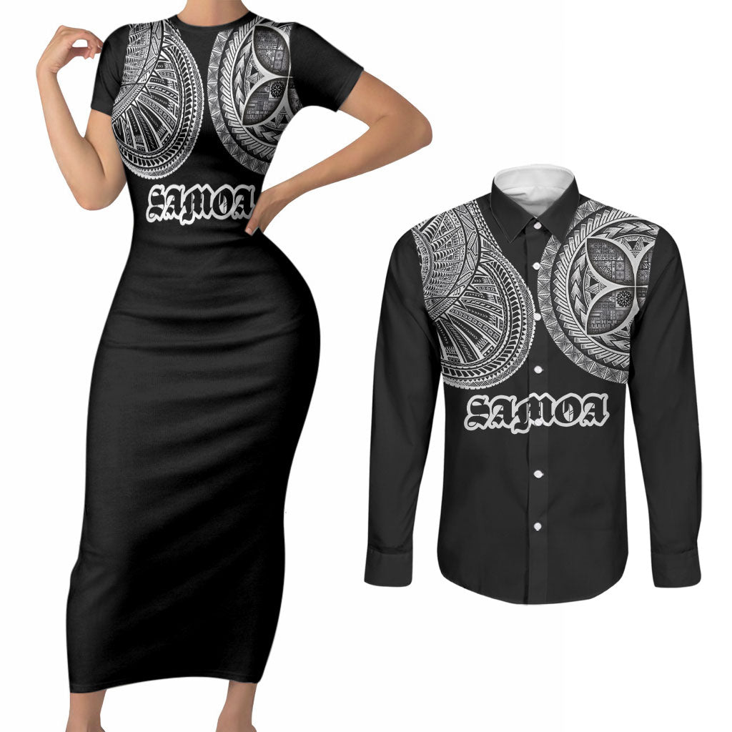 Samoa Traditional Tattoo Couples Matching Short Sleeve Bodycon Dress and Long Sleeve Button Shirt Tribal Tatau Pattern LT03 Black - Polynesian Pride