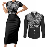 Samoa Traditional Tattoo Couples Matching Short Sleeve Bodycon Dress and Long Sleeve Button Shirt Tribal Tatau Pattern LT03 Black - Polynesian Pride