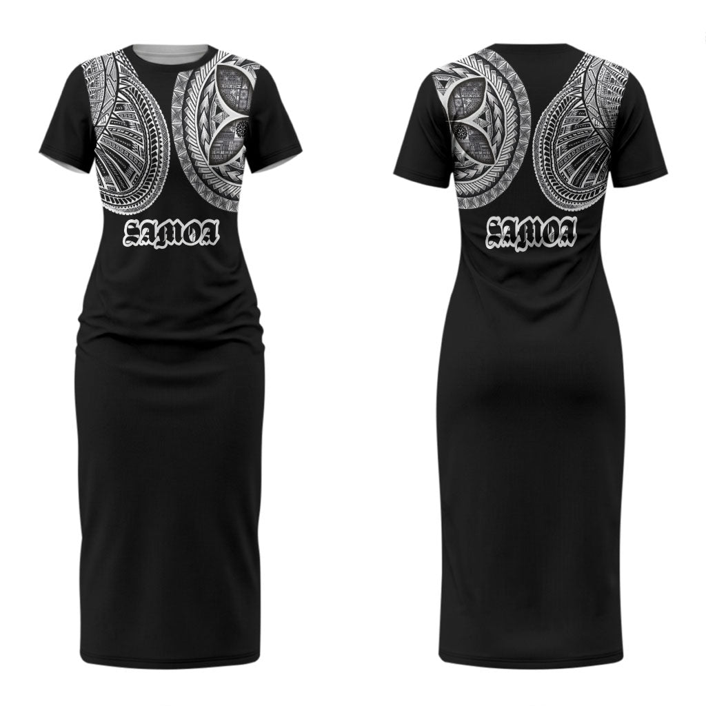 Samoa Traditional Tattoo Couples Matching Short Sleeve Bodycon Dress and Long Sleeve Button Shirt Tribal Tatau Pattern LT03 - Polynesian Pride