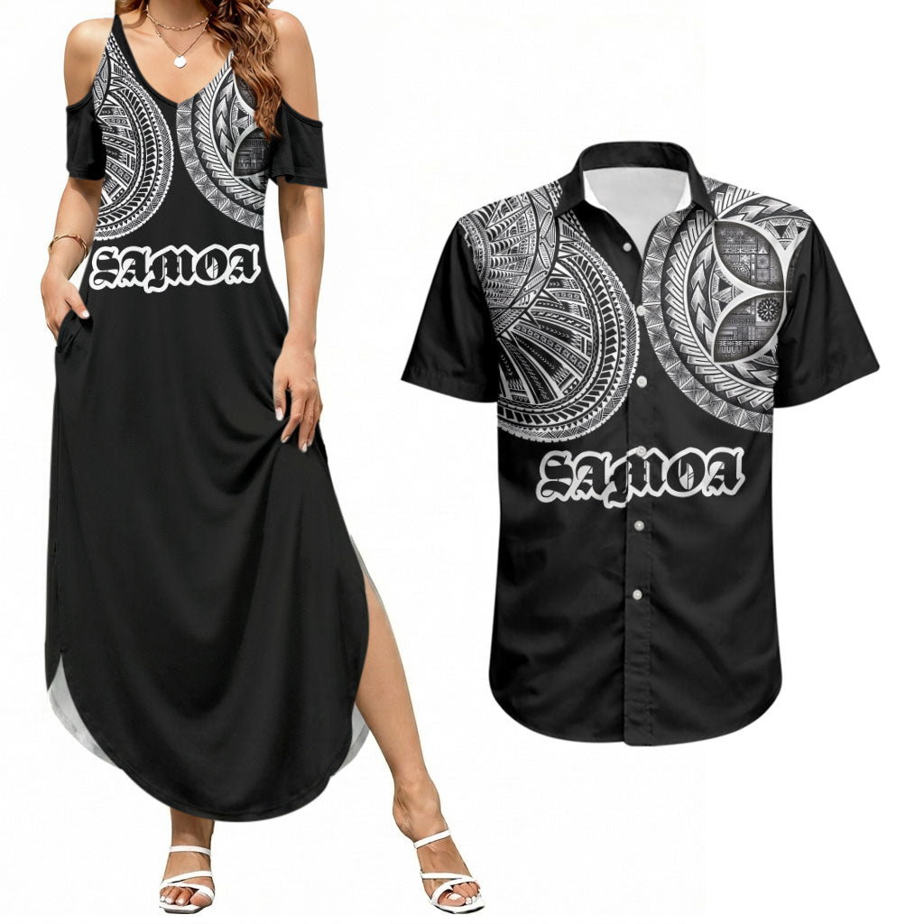 Samoa Traditional Tattoo Couples Matching Summer Maxi Dress and Hawaiian Shirt Tribal Tatau Pattern LT03 Black - Polynesian Pride