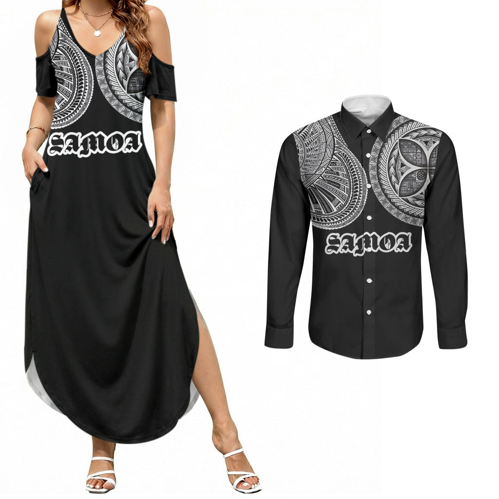 Samoa Traditional Tattoo Couples Matching Summer Maxi Dress and Long Sleeve Button Shirt Tribal Tatau Pattern LT03 Black - Polynesian Pride