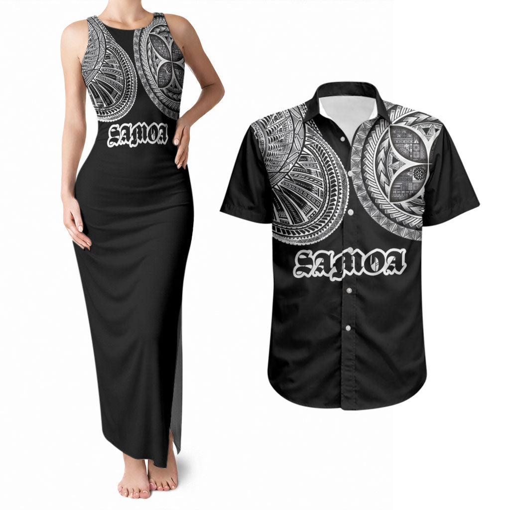 Samoa Traditional Tattoo Couples Matching Tank Maxi Dress and Hawaiian Shirt Tribal Tatau Pattern LT03 Black - Polynesian Pride