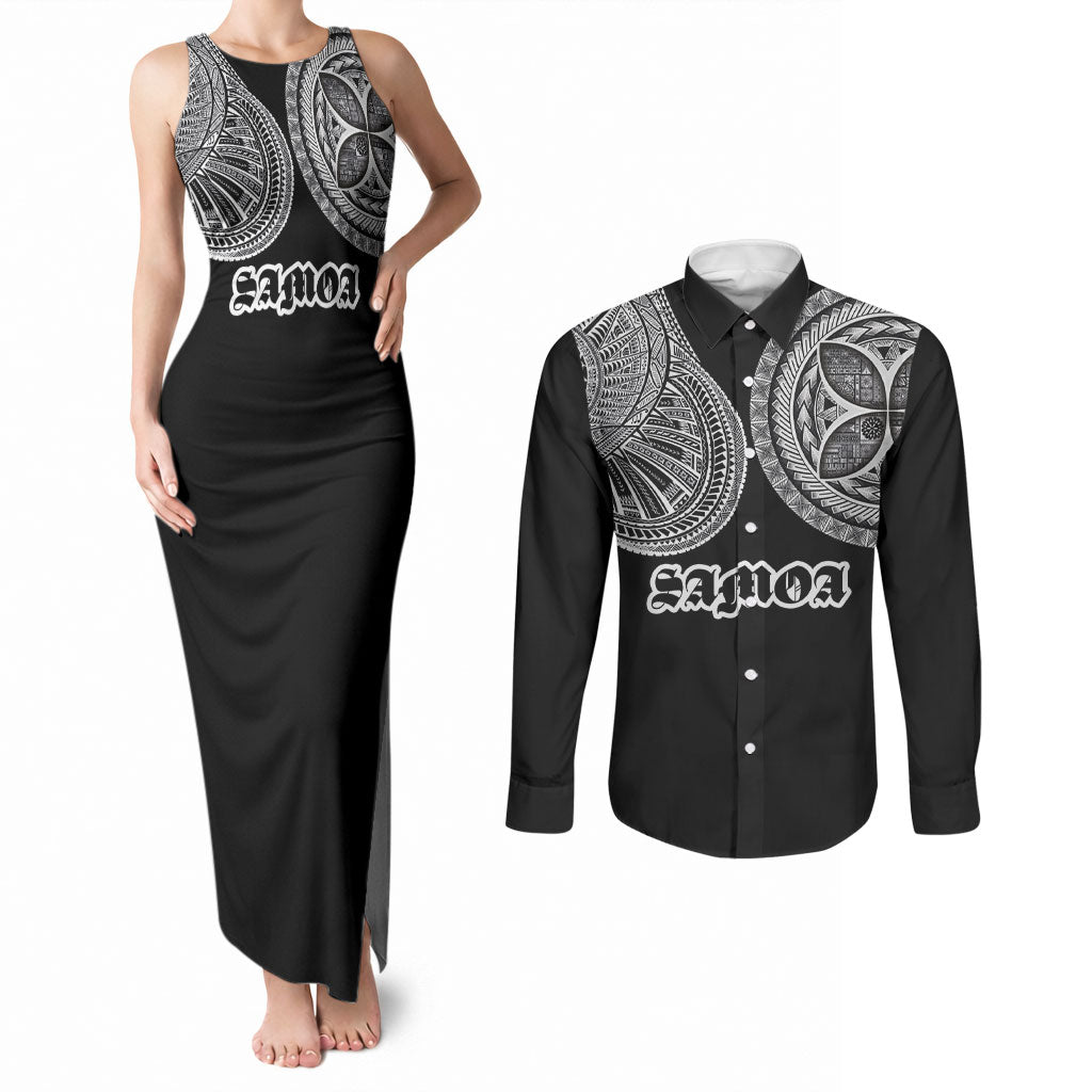 Samoa Traditional Tattoo Couples Matching Tank Maxi Dress and Long Sleeve Button Shirt Tribal Tatau Pattern LT03 Black - Polynesian Pride