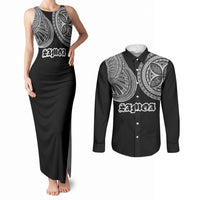 Samoa Traditional Tattoo Couples Matching Tank Maxi Dress and Long Sleeve Button Shirt Tribal Tatau Pattern LT03 Black - Polynesian Pride