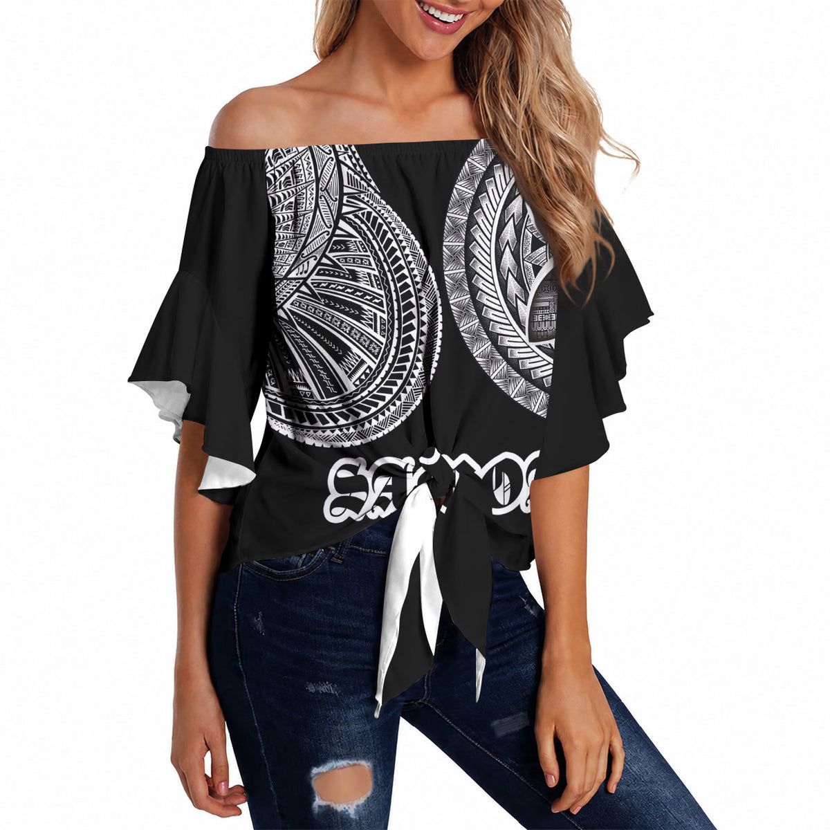 Samoa Traditional Tattoo Off Shoulder Wrap Waist Top Tribal Tatau Pattern LT03 - Polynesian Pride