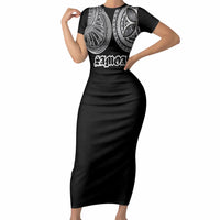 Samoa Traditional Tattoo Short Sleeve Bodycon Dress Tribal Tatau Pattern LT03 Long Dress Black - Polynesian Pride