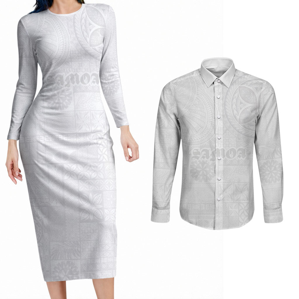 Samoa Lotu Tamaiti Couples Matching Long Sleeve Bodycon Dress and Long Sleeve Button Shirt Tribal Tatau with Siapo Pattern LT03 White - Polynesian Pride