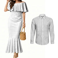Samoa Lotu Tamaiti Couples Matching Mermaid Dress and Long Sleeve Button Shirt Tribal Tatau with Siapo Pattern LT03 White - Polynesian Pride