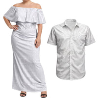Samoa Lotu Tamaiti Couples Matching Off Shoulder Maxi Dress and Hawaiian Shirt Tribal Tatau with Siapo Pattern LT03 White - Polynesian Pride
