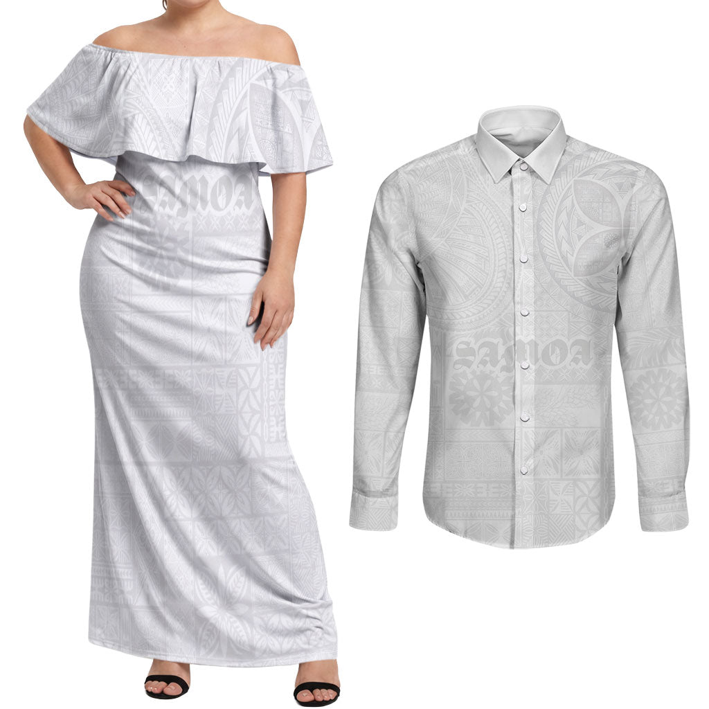 Samoa Lotu Tamaiti Couples Matching Off Shoulder Maxi Dress and Long Sleeve Button Shirt Tribal Tatau with Siapo Pattern LT03 White - Polynesian Pride