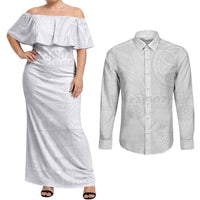Samoa Lotu Tamaiti Couples Matching Off Shoulder Maxi Dress and Long Sleeve Button Shirt Tribal Tatau with Siapo Pattern LT03 White - Polynesian Pride