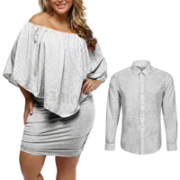Samoa Lotu Tamaiti Couples Matching Off Shoulder Short Dress and Long Sleeve Button Shirt Tribal Tatau with Siapo Pattern LT03 White - Polynesian Pride