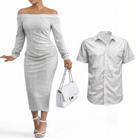 Samoa Lotu Tamaiti Couples Matching Off The Shoulder Long Sleeve Dress and Hawaiian Shirt Tribal Tatau with Siapo Pattern LT03 White - Polynesian Pride