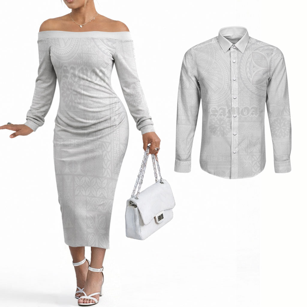 Samoa Lotu Tamaiti Couples Matching Off The Shoulder Long Sleeve Dress and Long Sleeve Button Shirt Tribal Tatau with Siapo Pattern LT03 White - Polynesian Pride