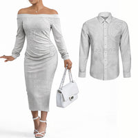Samoa Lotu Tamaiti Couples Matching Off The Shoulder Long Sleeve Dress and Long Sleeve Button Shirt Tribal Tatau with Siapo Pattern LT03 White - Polynesian Pride