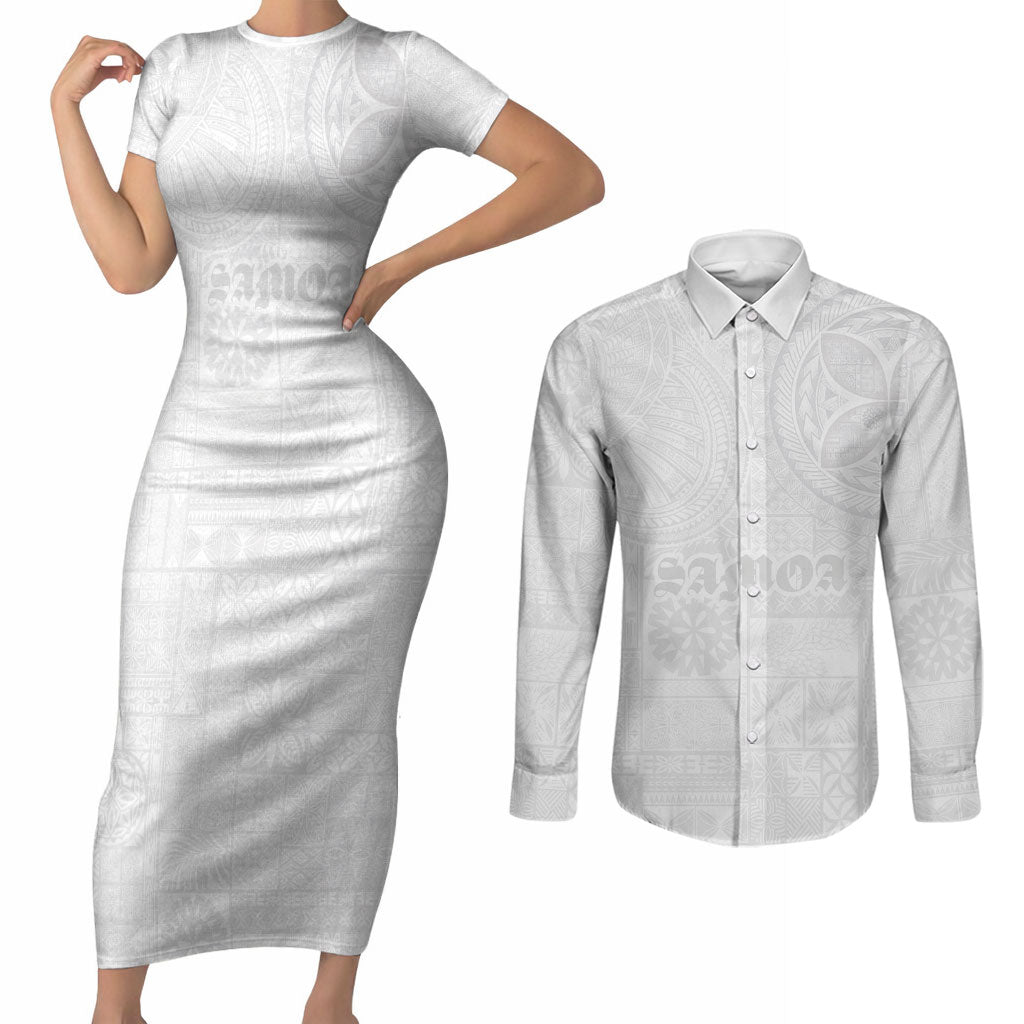 Samoa Lotu Tamaiti Couples Matching Short Sleeve Bodycon Dress and Long Sleeve Button Shirt Tribal Tatau with Siapo Pattern LT03 White - Polynesian Pride