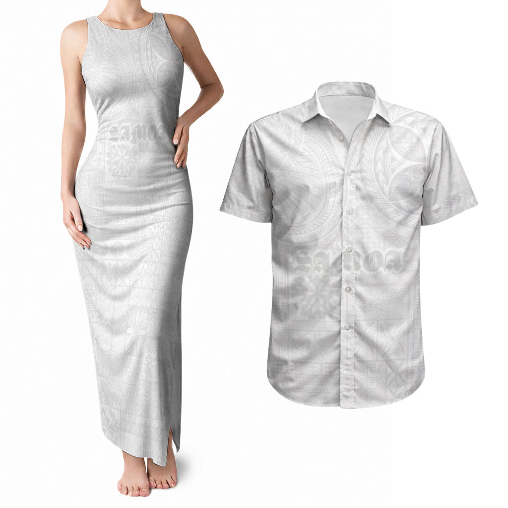 Samoa Lotu Tamaiti Couples Matching Tank Maxi Dress and Hawaiian Shirt Tribal Tatau with Siapo Pattern LT03 White - Polynesian Pride