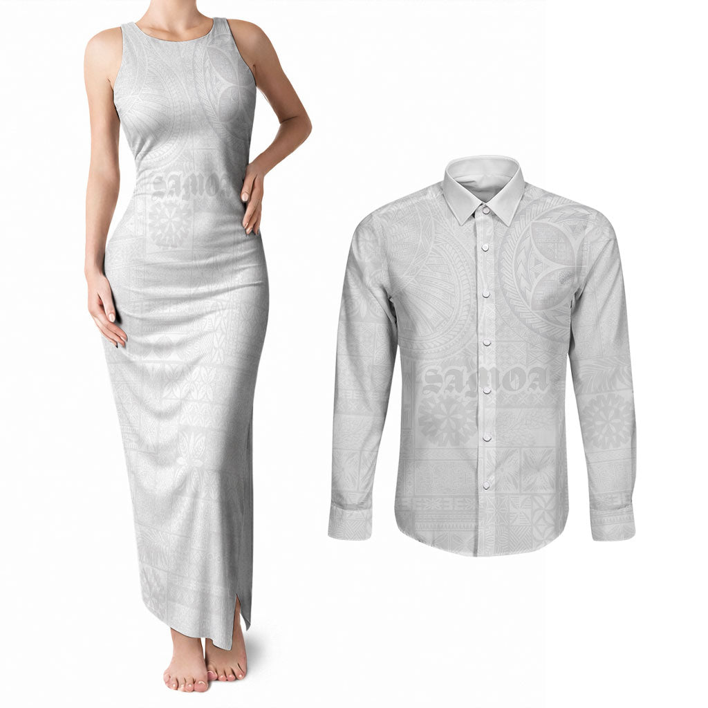 Samoa Lotu Tamaiti Couples Matching Tank Maxi Dress and Long Sleeve Button Shirt Tribal Tatau with Siapo Pattern LT03 White - Polynesian Pride