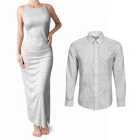 Samoa Lotu Tamaiti Couples Matching Tank Maxi Dress and Long Sleeve Button Shirt Tribal Tatau with Siapo Pattern LT03 White - Polynesian Pride