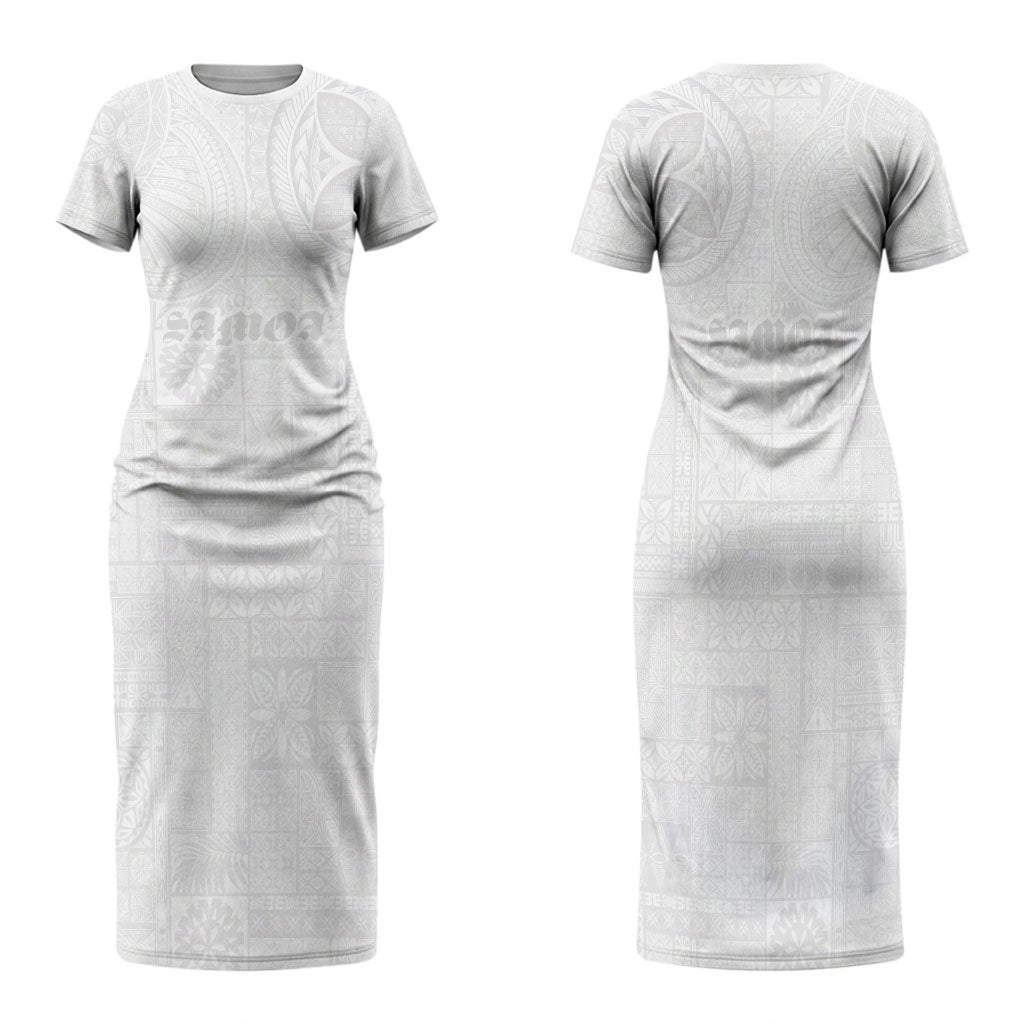 Samoa Lotu Tamaiti Family Matching Short Sleeve Bodycon Dress and Hawaiian Shirt Tribal Tatau with Siapo Pattern LT03 Mom's Dress White - Polynesian Pride