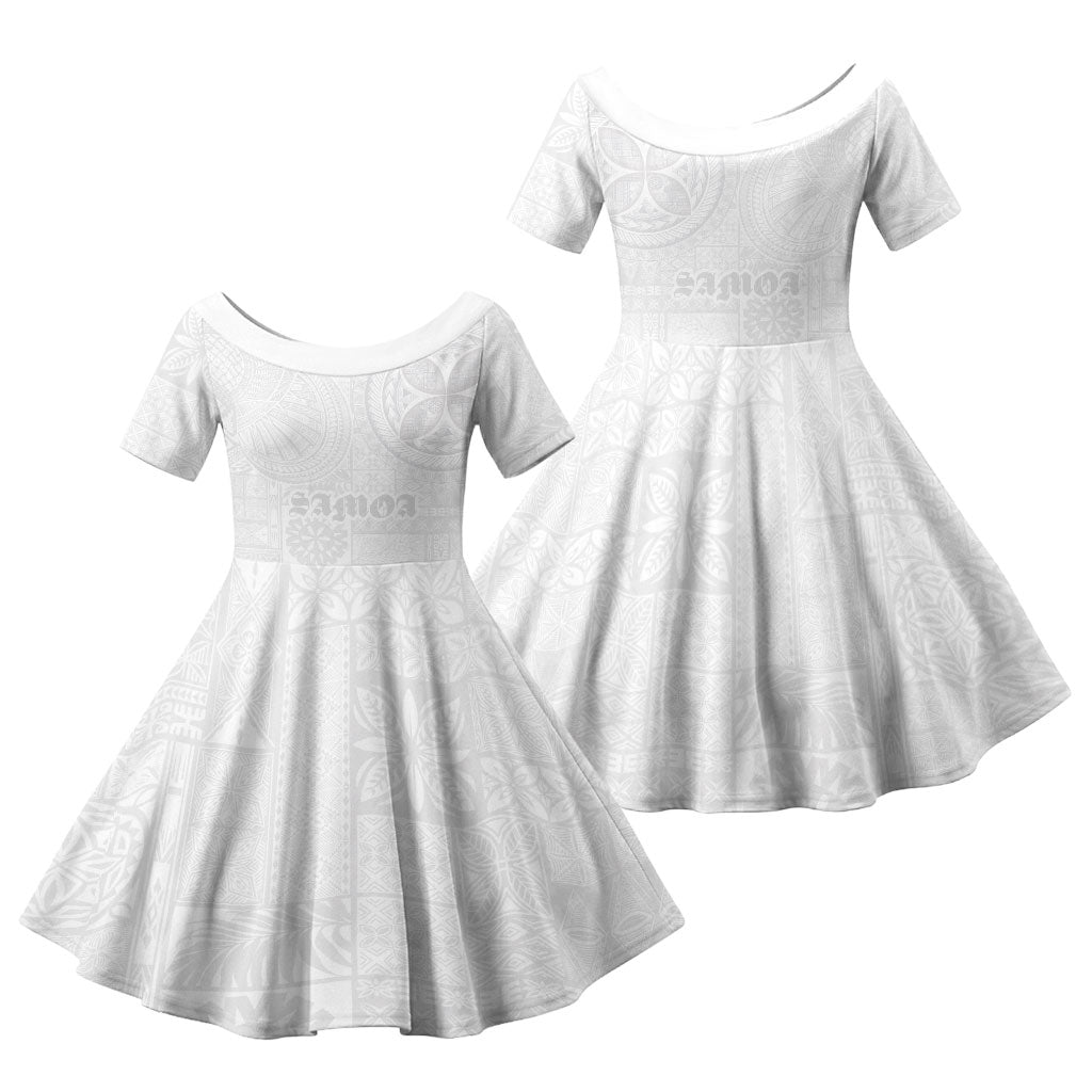 Samoa Lotu Tamaiti Family Matching Short Sleeve Bodycon Dress and Hawaiian Shirt Tribal Tatau with Siapo Pattern LT03 Daughter's Dress White - Polynesian Pride