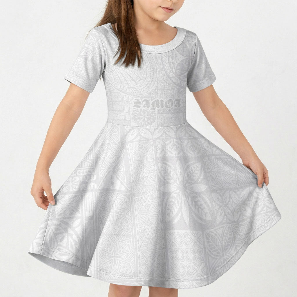 Samoa Lotu Tamaiti Kid Short Sleeve Dress Tribal Tatau with Siapo Pattern LT03 KID White - Polynesian Pride