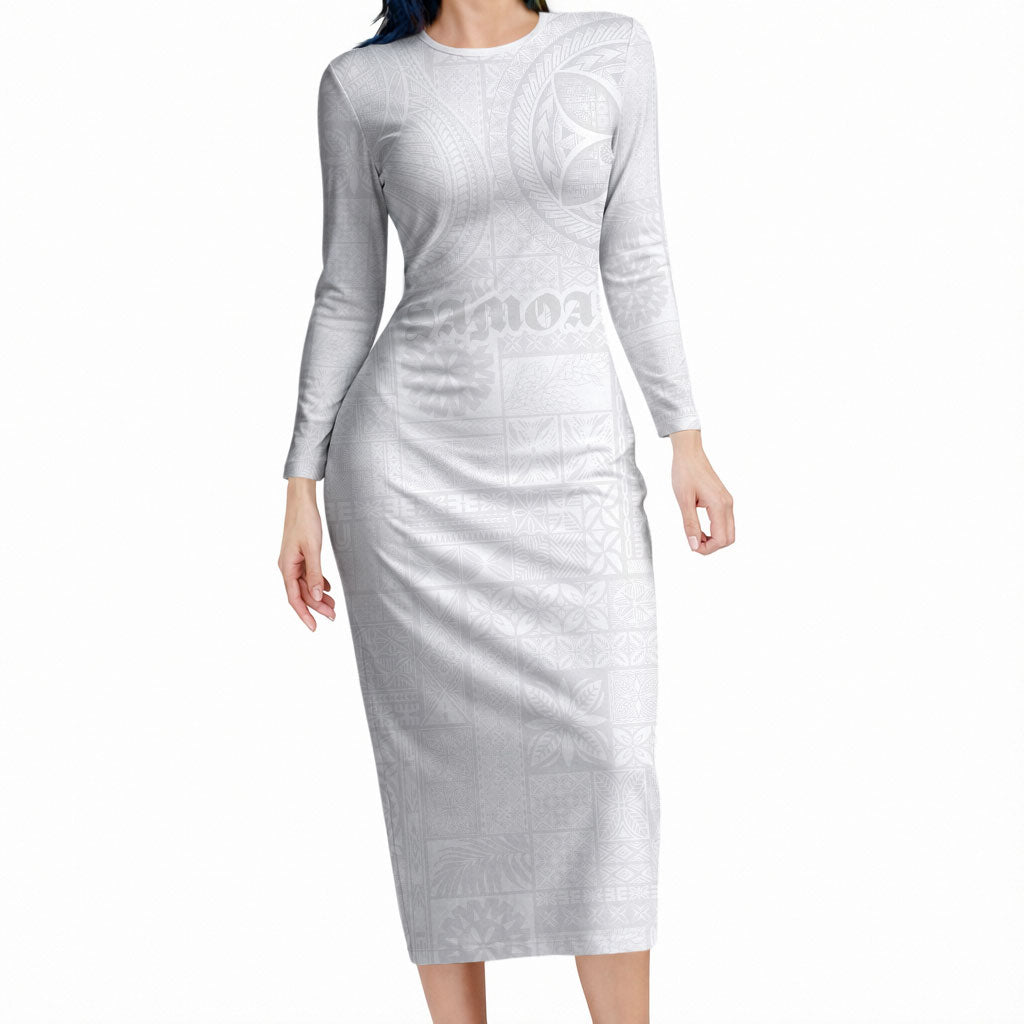 Samoa Lotu Tamaiti Long Sleeve Bodycon Dress Tribal Tatau with Siapo Pattern LT03 Long Dress White - Polynesian Pride