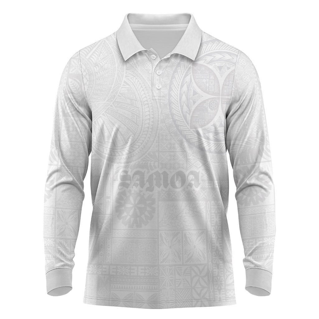 Samoa Lotu Tamaiti Long Sleeve Polo Shirt Tribal Tatau with Siapo Pattern LT03 White - Polynesian Pride