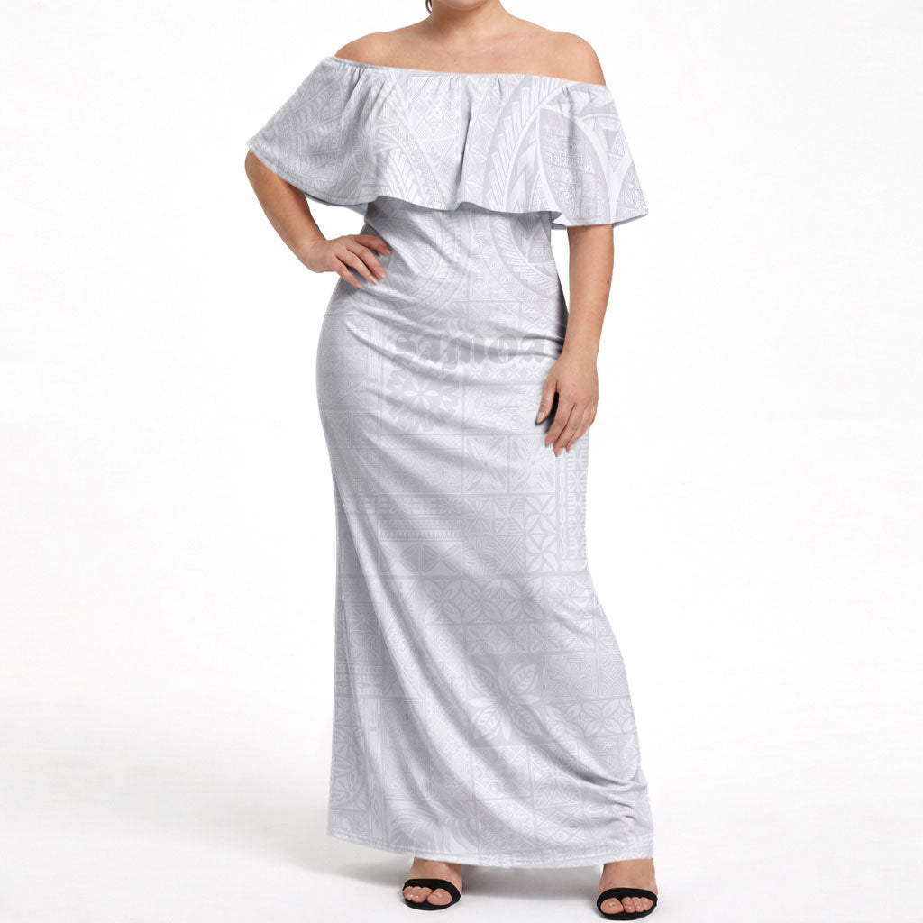 Samoa Lotu Tamaiti Off Shoulder Maxi Dress Tribal Tatau with Siapo Pattern LT03 Women White - Polynesian Pride