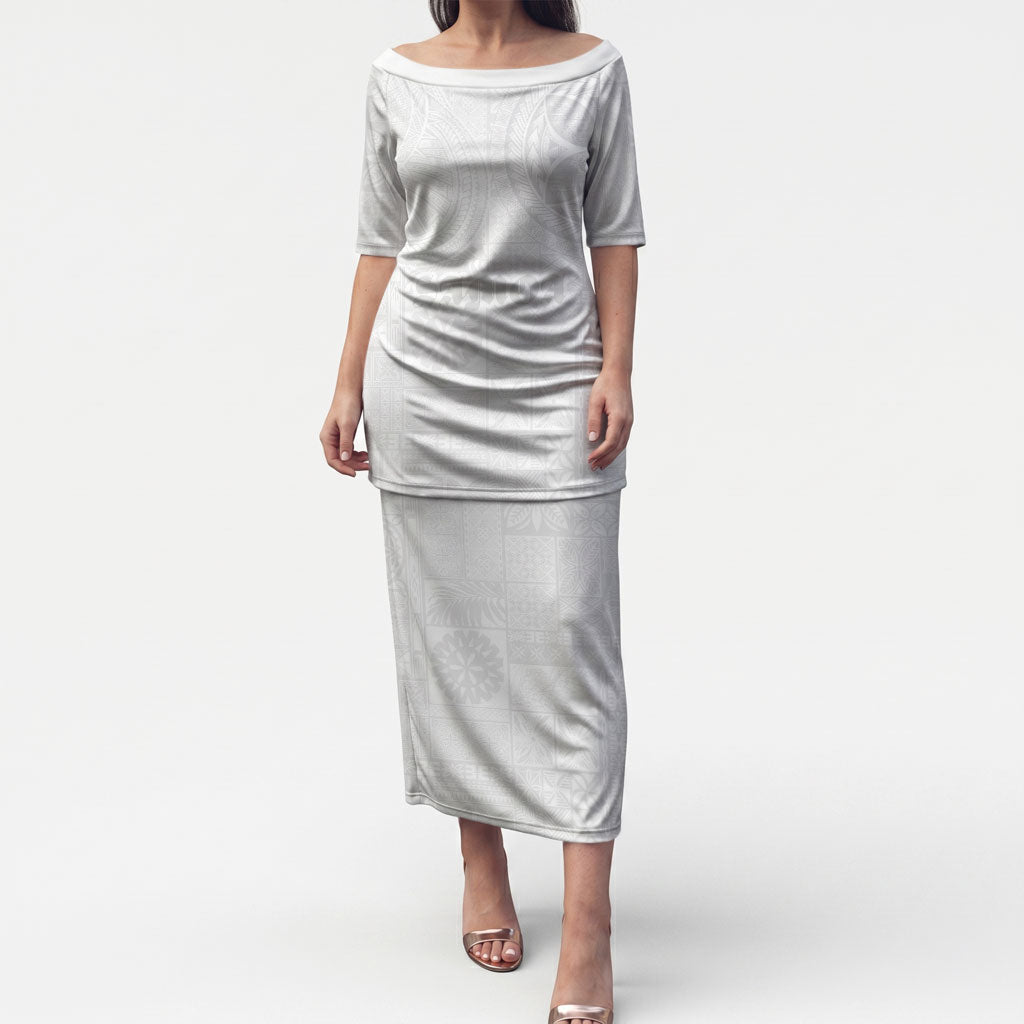 Samoa Lotu Tamaiti Puletasi Tribal Tatau with Siapo Pattern LT03 Long Dress White - Polynesian Pride