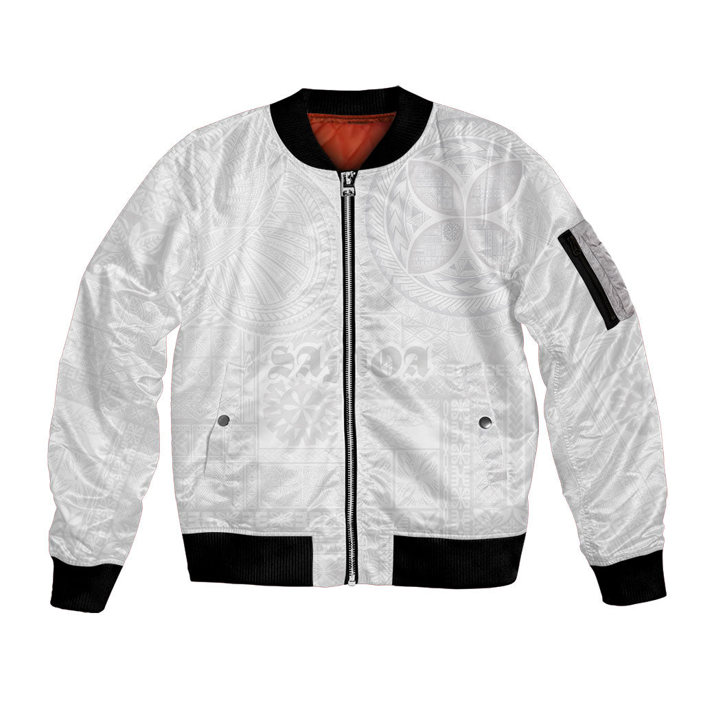 Samoa Lotu Tamaiti Sleeve Zip Bomber Jacket Tribal Tatau with Siapo Pattern LT03 Unisex White - Polynesian Pride