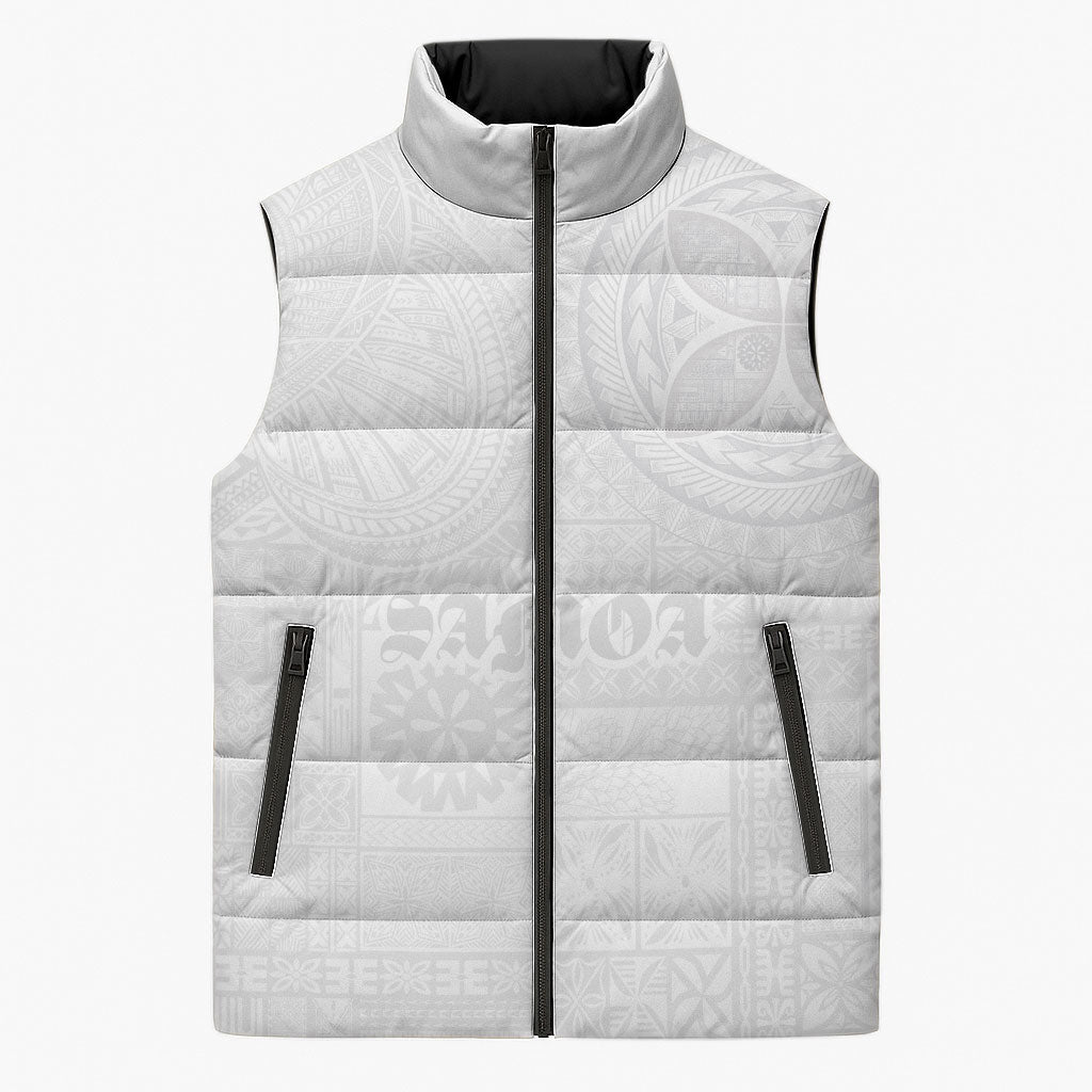 Samoa Lotu Tamaiti Sleeveless Puffer Jacket Tribal Tatau with Siapo Pattern LT03 Unisex White - Polynesian Pride