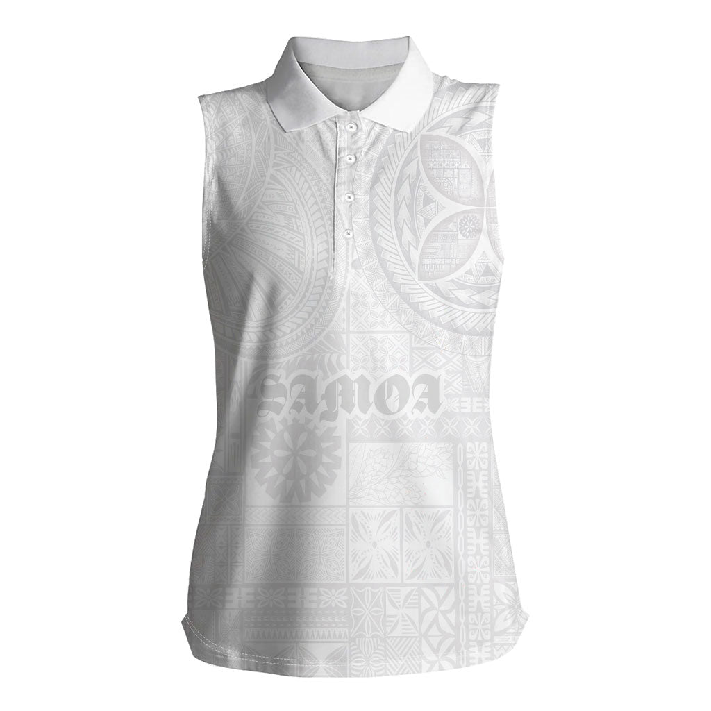Samoa Lotu Tamaiti Women Sleeveless Polo Shirt Tribal Tatau with Siapo Pattern LT03 Female White - Polynesian Pride