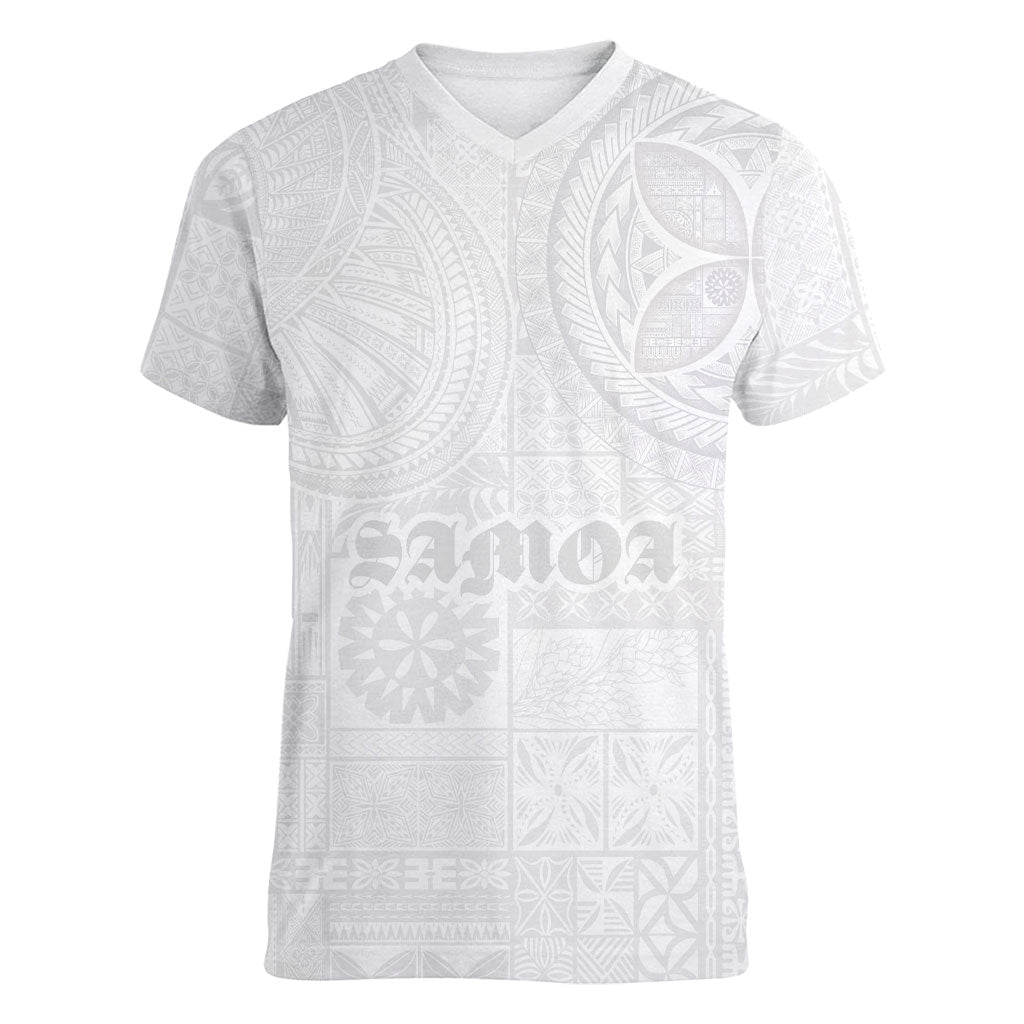 Samoa Lotu Tamaiti Women V-Neck T-Shirt Tribal Tatau with Siapo Pattern LT03 Female White - Polynesian Pride