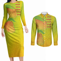 Hawaiian Mango Couples Matching Long Sleeve Bodycon Dress and Long Sleeve Button Shirt Polynesian Art Pattern and Kakau Tattoo LT03 Yellow - Polynesian Pride