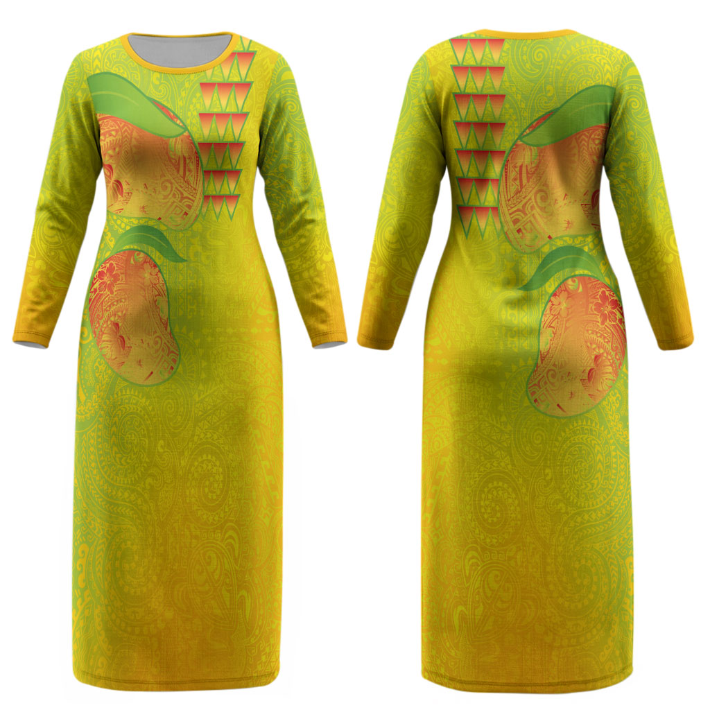 Hawaiian Mango Couples Matching Long Sleeve Bodycon Dress and Long Sleeve Button Shirt Polynesian Art Pattern and Kakau Tattoo LT03 - Polynesian Pride