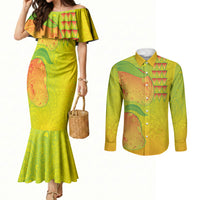 Hawaiian Mango Couples Matching Mermaid Dress and Long Sleeve Button Shirt Polynesian Art Pattern and Kakau Tattoo LT03 Yellow - Polynesian Pride