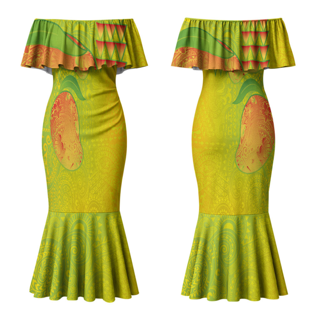 Hawaiian Mango Couples Matching Mermaid Dress and Long Sleeve Button Shirt Polynesian Art Pattern and Kakau Tattoo LT03 - Polynesian Pride