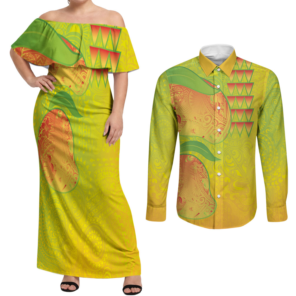 Hawaiian Mango Couples Matching Off Shoulder Maxi Dress and Long Sleeve Button Shirt Polynesian Art Pattern and Kakau Tattoo LT03 Yellow - Polynesian Pride