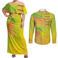Hawaiian Mango Couples Matching Off Shoulder Maxi Dress and Long Sleeve Button Shirt Polynesian Art Pattern and Kakau Tattoo LT03 Yellow - Polynesian Pride