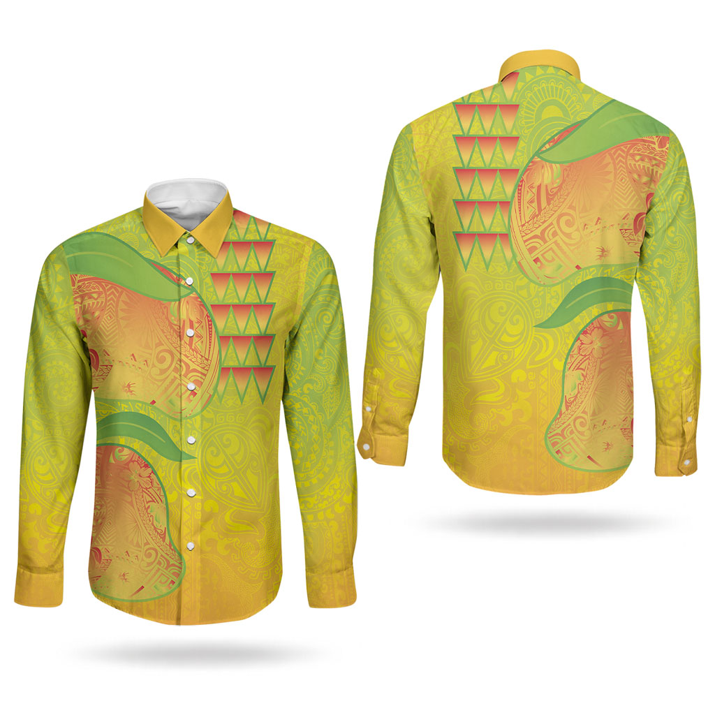 Hawaiian Mango Couples Matching Off Shoulder Maxi Dress and Long Sleeve Button Shirt Polynesian Art Pattern and Kakau Tattoo LT03 - Polynesian Pride