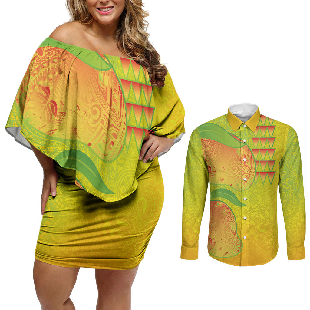 Hawaiian Mango Couples Matching Off Shoulder Short Dress and Long Sleeve Button Shirt Polynesian Art Pattern and Kakau Tattoo LT03 Yellow - Polynesian Pride