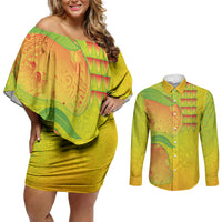 Hawaiian Mango Couples Matching Off Shoulder Short Dress and Long Sleeve Button Shirt Polynesian Art Pattern and Kakau Tattoo LT03 Yellow - Polynesian Pride